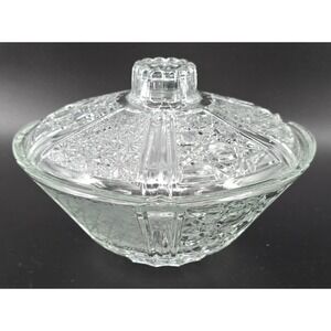 Vtg FNG Indonesia Glass Candy Dish Bowl Daisy Cane Button Pattern w/Lid Paneled